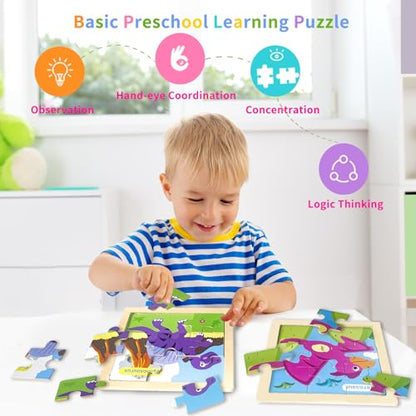 Wooden Puzzles for Toddlers 3+, 9 Pieces Dinosaur Jigsaw Puzzles for Kids Ages 3-5, Preschool Learning Activities, Learning & Educational Toys, Gifts for Boys, Girls - color: Dinosaurs1
