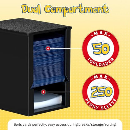 Toploader Dispenser & Penny Sleeve Holder - Dual Compartment Holds 250 Penny Sleeves & up to 50 Top Loaders, Stackable Card Storage Box with Dustproof Lid (Black) - color: Black