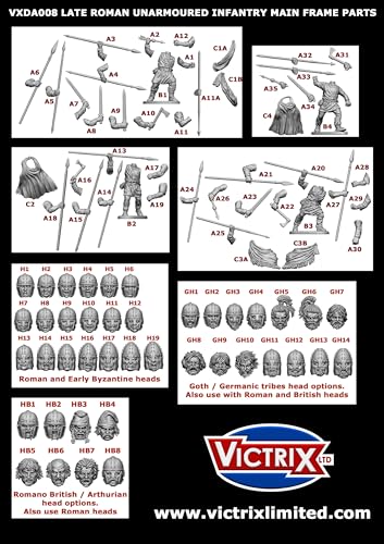 Wargames Delivered - Victrix Late Roman Unarmoured Infantry 28mm Miniature Wargaming with Bonus Miniature STL Download - 36 Plastic Figures with 38 Head Options – Build Arthurians, Byzantines & Goths