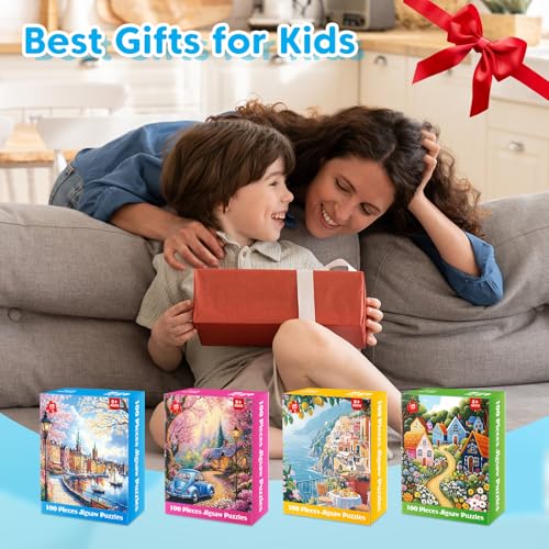 4-Pack 100 Piece Puzzle for Seniors Family Puzzles for Kids Adults | City & Country View - Large Piece Puzzles for Kids Ages 4-6 6-8 8-10 Learning Educational Toys for Boys and Girls - style: City & Country View