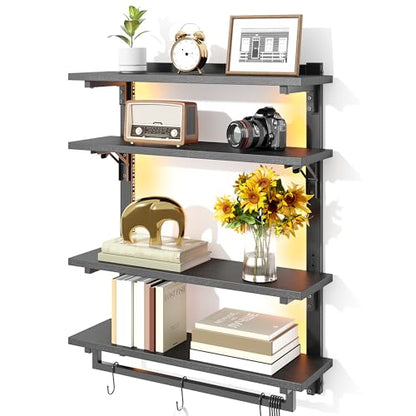 Spacesea Foldable Gaming Floating Shelves with Adjustable Shelf, 24 Inch Wall Mounted Shelves with Dynamic LED, 4 Tier Wall Mounted Shelves with Towel Bar & 8 Hooks, Cool Wall Display Rack