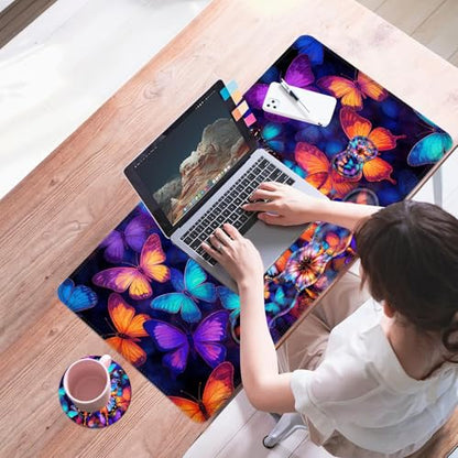Mouse Pad,Large Desk Mat Set, 4in1 XL Mousepad + Keyboard Wrist Rest+Mouse Wrist Rest+Coaster with Ergonomic Desk Pad for Home Office Table Computer Cover -Colorful Butterfly - color: Colorful Butterfly
