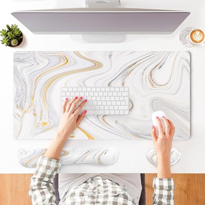 QIYI PU Leather Desk Mat Set, 4-in-1 Ergonomic Wrist Rest, Marble Stripes | Waterproof Large Mouse Pad 31.5×15.7 + Keyboard Wrist Rest + Mouse Wrist Support+Coaster, Non-Slip Office Gaming Accessories - color: White Marble Stripes