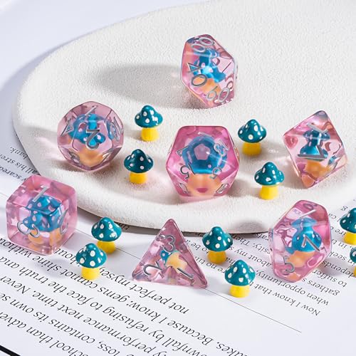 DND Mushroom Resin Dice Set, Polyhedral Dice for Dungeons and Dragons, RPG, MTG D&D 7-DIE (D4, D6, D8, D10, D12, D20, D%) - color: Blue Mushroom