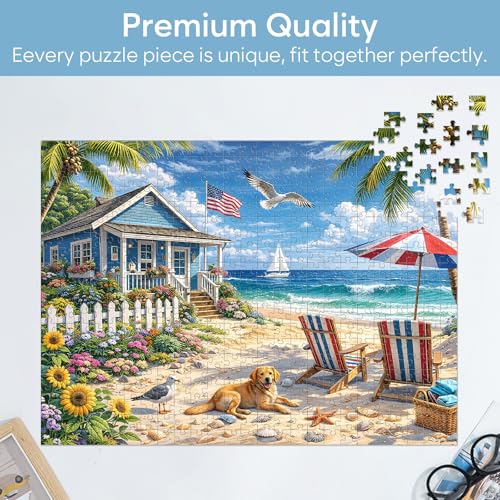 500 Piece Jigsaw Puzzle for Adults, Beach Seaside Puzzle with House Sunflowers Dogs Seagulls, Coastal Landscape Puzzles 500 Piece for Seniors Teens, Funny Relaxing Family Puzzles Gift 20.5 x 15 in