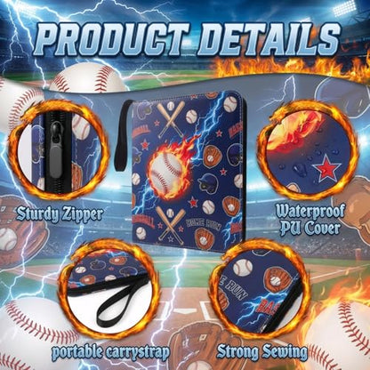 Trading Card Binder 9 Pocket, Blue Baseball Card Binder Holds 900 Cards with 50 Removable Sleeves, Waterproof PU Leather with Zipper Card Collector Album Book Compatible with TCG Cards - color: Blue Baseball