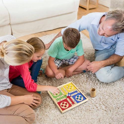 12 Inch Wooden Ludo Board Game & Snakes and Ladders 2-in-1 Reversible Classic Board Game for Kids and Adults, Includes 1 Parcheesi Board, 2 Dice, 1 Cup, 16 Tokens, Rules, Pouch & Carrying Bag