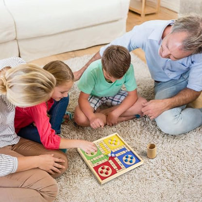 12 Inch Wooden Ludo Board Game & Snakes and Ladders 2-in-1 Reversible Classic Board Game for Kids and Adults, Includes 1 Parcheesi Board, 2 Dice, 1 Cup, 16 Tokens, Rules, Pouch & Carrying Bag