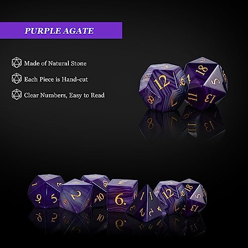 UDIXI Gemstone DND Dice Set Purple Agate Stone D&D Dice for Tabletop Games | Natural Stone, Premium Gift Box, DM Gift, for Dungeons and Dragons Role Playing Games - color: Purple Agate