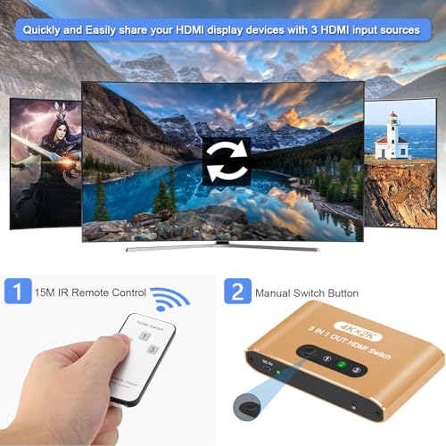 HDMI Switch 3 in 1 Out, 4K@60Hz HDMI Splitter with Remote Control, 3 Ports HDMI Switcher, Perfect for Full HD 4K 1080P 3D Video Roku Fire TV Blu-ray Players Stick Apple PS4/PS5 Xbox Chromecast (Gold) - color: Gold