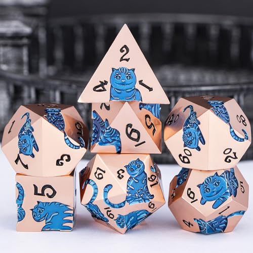 Metal DND Cat Dice 7PCS Polyhedral RPG Dice Set with Gift Case for Dungeons Dragons Role Playing Game, D and D Dice D6 D8 D10 D12 D20 D% (Copper Blue) - color: Cat-copper Blue