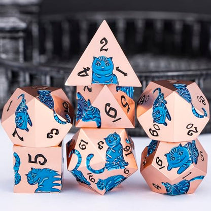 Metal DND Cat Dice 7PCS Polyhedral RPG Dice Set with Gift Case for Dungeons Dragons Role Playing Game, D and D Dice D6 D8 D10 D12 D20 D% (Copper Blue) - color: Cat-copper Blue