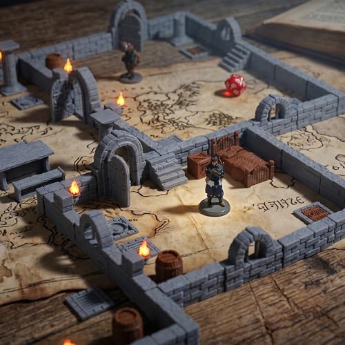 Modular Dungeon Stone Wall Terrain Set - 28mm Miniatures Scenery with Walls, Doors, Barrels, Crates Beds and So On for Tabletop Rpgs, Fantasy Wargames and Board Games (AMF01 A)