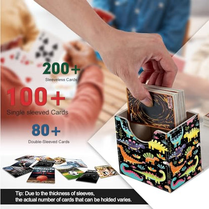 Card Deck Box, Card Storage Box Fits 100+ Single Sleeved Cards, Large Capacity PU Leather Card Storage Box with Strong Magnet for Magic Commander TCG CCG, Cartoon Dinosaurs - color: Cartoon Dinosaurs
