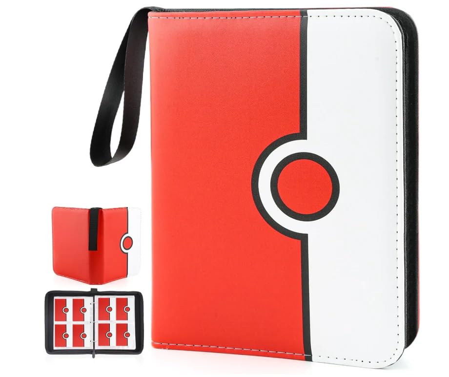 Trading Card Binder 400 Card Capacity, 50 Removable Sleeves (4 Pocket), Zipper Card Album Organizer for TCG Cards (Pokedex) - color: Red & White