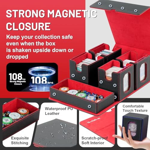 Trading Card Storage Box with Commander Display for MTG, TCG, Sports Cards, 5-in-1 Card Deck Box, Holds 450+ Double-Sleeved Cards, 4 Individual Deck Cases with Covers, Dice Tray & Magnetic Holders - color: Black & Red