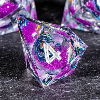 OUKELANWO Liquid Core Dragons Stickers DND Dice Set D&D, 7Pcs Dungeons D and D Role Playing Dice with Gift Box, Resin Sharp Edge Dice D20 D12 D10 D8 D6 D4, Purple White - color: Purple