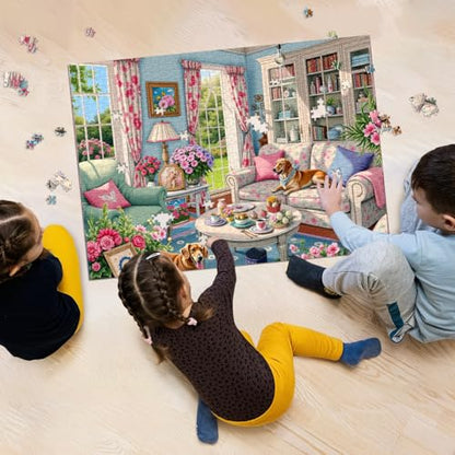 Living Room Puzzle 1000 Pieces for Adults, Flower Dog Jigsaw Puzzle, Challenging Floral Room Puzzle as Wall Decor