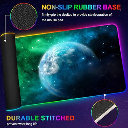 ARTSO Large RGB Gaming Mouse Pad, Led Big Mouse mat with 14 Light Modes, Extended Soft Computer Keyboard Mat Non-Slip Rubber Base, Green Planet Nebula - color: Green Planet Nebula