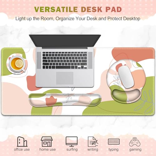 Gaming Mouse Pad, Large Desk Mat, Cute Desk Pad Protector, 4 in1 XXL Mousepad + Keyboard Wrist Rest+Mouse Wrist Rest+Coaster Set with Ergonomic Desk Pad for Home Office Table Computer Pink Rose - color: Pink Rose