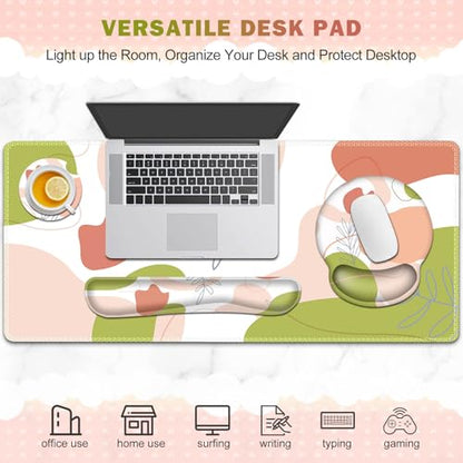 Gaming Mouse Pad, Large Desk Mat, Cute Desk Pad Protector, 4 in1 XXL Mousepad + Keyboard Wrist Rest+Mouse Wrist Rest+Coaster Set with Ergonomic Desk Pad for Home Office Table Computer Pink Rose - color: Pink Rose