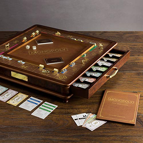 WS Game Company Monopoly Luxury Edition Wooden Board Game Set, 2-6 Players | Luxurious Wood Cabinet, Gold Foil Stamped Game Board, Faux Leather Rolling Area, 2 Storage Drawers, for Collectors and Adults