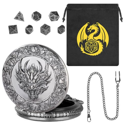 Mini DND Dice Set, with Steampunk Dragon Head Pocket Watch Shell Case, 7-Piece Polyhedral Metal D&D Dice, DND Gift Bag with Dragon Logo, MTG, Role Play Board Game Accessories, Dark Silver