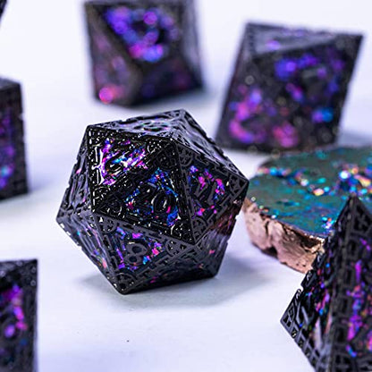 UDIXI Metal DND Dice Set, 7PCS Polyhedral Metal Dice Set D&D Dragon with Gift Box for Role Playing Games and Other Tabletop Game (Purple Sequins) - color: Chain Frame-black With Purple Sequins