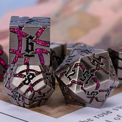 Cracked Rune Metal Dice Set for DND & RPG – Dark Fantasy Fractured Design, Premium Heavy Metal Polyhedral Dice with Deep Engraved Numbers, 7-Piece Set – Red Infernal Vein - color: Antique Silver Rose Red