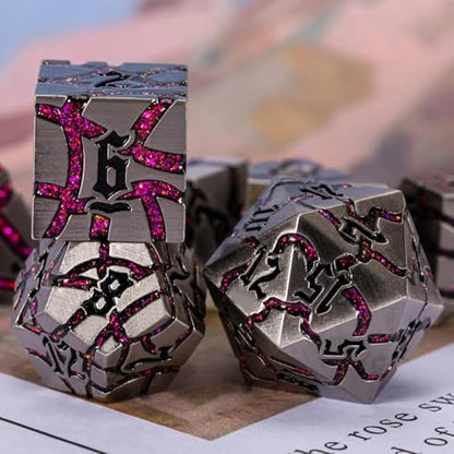 Cracked Rune Metal Dice Set for DND & RPG – Dark Fantasy Fractured Design, Premium Heavy Metal Polyhedral Dice with Deep Engraved Numbers, 7-Piece Set – Red Infernal Vein - color: Antique Silver Rose Red