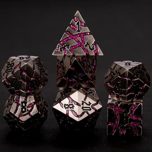 Cracked Rune Metal Dice Set for DND & RPG – Dark Fantasy Fractured Design, Premium Heavy Metal Polyhedral Dice with Deep Engraved Numbers, 7-Piece Set – Red Infernal Vein - color: Antique Silver Rose Red