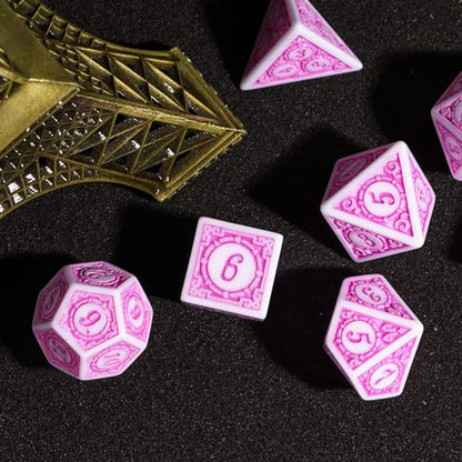 7PCs DND Dice Set, Unique Window Lattice Pattern D&D Dice Set with Leather Die Bag, Polyhedral Die for RPG Table Games (Pink/White) - color: Pink With White Edge