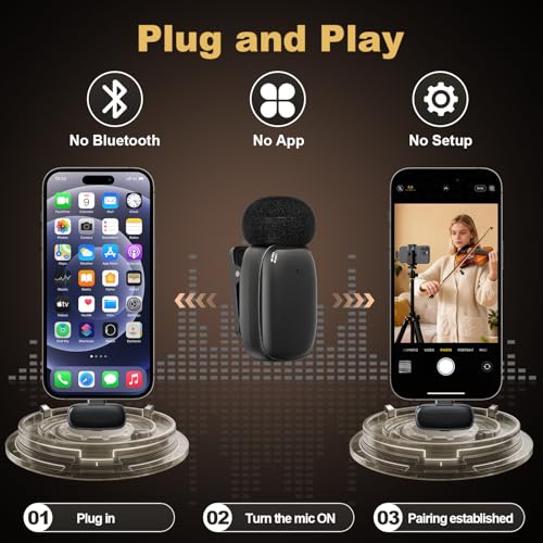 Wireless Lavalier Mini Microphone for iPhone ipad Android | 30H Long Battery Life, Noise Cancellation, Plug & Play for Vlogging, Video Recording, Podcast, YouTube, TikTok