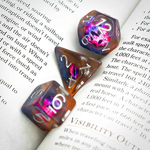 Cusdie 7-Die DND Dice, Polyhedral Dice Set Filled with Eyeball, for Role Playing Game D&D Dice (Orange Eyeball) - color: Orange Eyeball