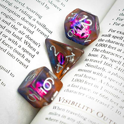 Cusdie 7-Die DND Dice, Polyhedral Dice Set Filled with Eyeball, for Role Playing Game D&D Dice (Orange Eyeball) - color: Orange Eyeball