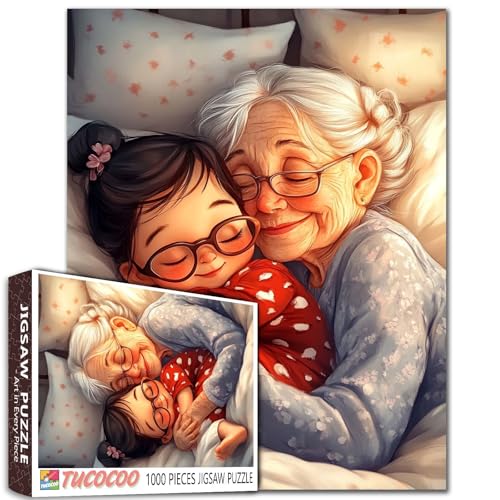 Cute Girl Sleeping with Grandmother 1000 Piece Jigsaw Puzzle for Adults Students Warm Oil Painting Cozy Home Decor Puzzles 20×27 Inches Family Fun Relaxing Game Gift for Women Men Teens Room Art - color: Puzzle-grandma-05