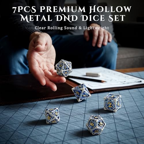 MoKo Dragon Hollow Metal DND Dice Set, Blue+Gold | 7 Pcs Polyhedral, D20 D12 D10 D8 D6 D4, For Dungeons and Dragons RPG Games, With Gift Box - color: 4 - Blue+gold