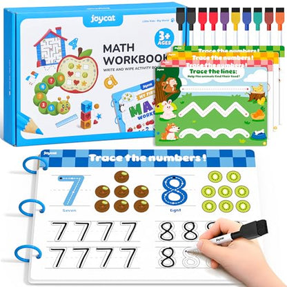 JoyCat Math Busy Book for Toddlers Reusable Preschool Workbook for Ages 3–8 | with 10 Dry-Erase Markers, Number Tracing & Counting Activity Book for Kids, Kindergarten Learning Activities, Travel-Ready - style: 5. Math