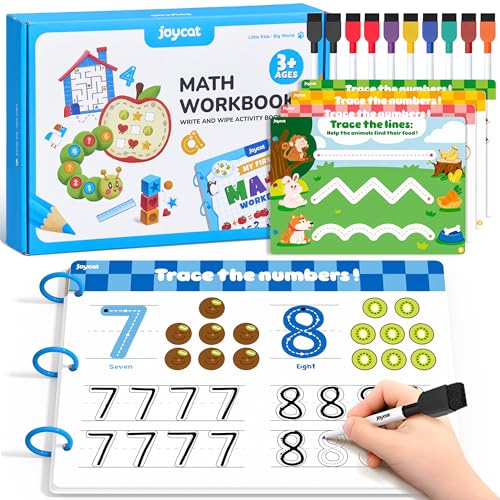 JoyCat Math Busy Book for Toddlers Reusable Preschool Workbook for Ages 3–8 | with 10 Dry-Erase Markers, Number Tracing & Counting Activity Book for Kids, Kindergarten Learning Activities, Travel-Ready - style: 5. Math