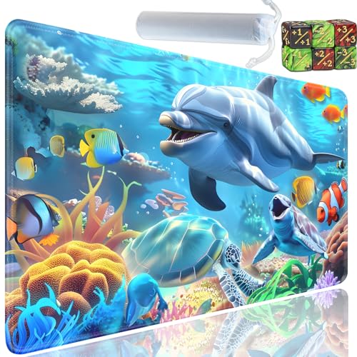 Playmat for MTG, 24x14 Inches Playmats, for TCG and CCG Trading Card Game Mat, Non-Slip Rubber for MTG Playmats with A Storage Bag and 6 Dice Set, Cute Dolphin Pattern - color: Yu-Playmat-1-C71