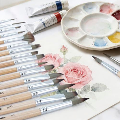 Transon 16 pcs Artist Paint Brush Set Versatile for Acrylic Painting Watercolor Painting Gouache Painting - color: Wood Tone