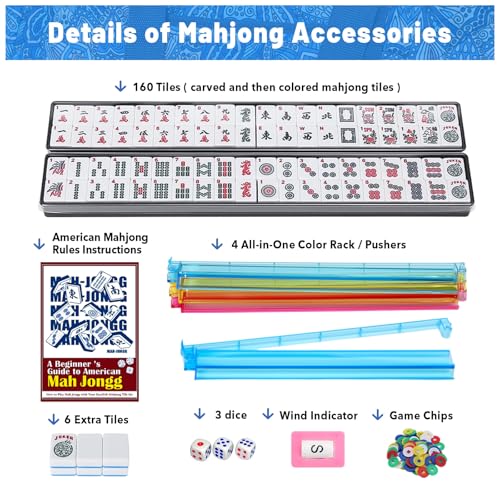American Mahjong Tile Set with Blue Printed Carrying Bag, 166 Premium Tiles, 4 All-in-One Color Racks/Pushers, Mah Jongg Sets, Mahjong Game Set for Travel, Christmas, Birthday Gifts - color: Blue（blue Tiles）