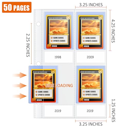 4 Pocket Top Loader Sleeves, Trading Card Binder Pages, Baseball Card Storage Sleeves for 3 Ring Binder-50 Pages