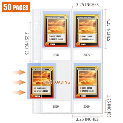 4 Pocket Top Loader Sleeves, Trading Card Binder Pages, Baseball Card Storage Sleeves for 3 Ring Binder-50 Pages