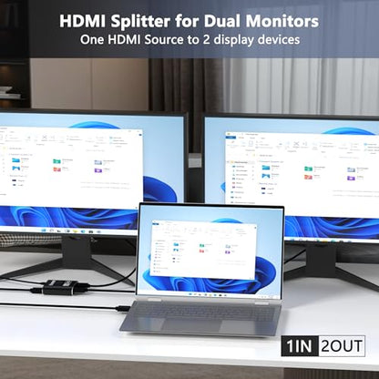 HDMI Splitter 1 in 2 Out, HDMI 2.0b 18Gbps 4K@60Hz HDR10 HDCP 2.2,Splitter for Dual Monitors Support EDID Management, for Laptops/Fire Stick/PS5/Xbox/TV Box/Roku/PC/Monitor(1 Source to 2 Displays)