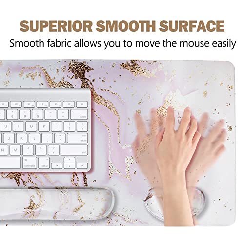 ARTSO Large Gaming Mouse Pad, Keyboard Wrist Rest Pad & Wrist Support Mousepad Set, Stitched Edge, Extended, Non-Slip Base, Memory Foam,Multifunctional Desk Mat 4pcs for Office & Home, Pink Marble - color: Pink Marble