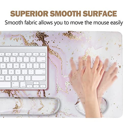 ARTSO Large Gaming Mouse Pad, Keyboard Wrist Rest Pad & Wrist Support Mousepad Set, Stitched Edge, Extended, Non-Slip Base, Memory Foam,Multifunctional Desk Mat 4pcs for Office & Home, Pink Marble - color: Pink Marble