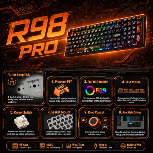 RK ROYAL KLUDGE R98 Pro Wired Mechanical Keyboard, RGB PC Gaming Keyboard with Number Pad and Volume Knob, dye Sublimation DSA Profile Pudding Keycaps, for Win/Mac, Hot Swappable Linear Cream Switch - color: Black-Translucent, size: Hot Swappable Cream Sw