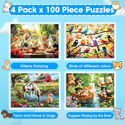 4 Packs 100 Piece Puzzles for Kids Ages 4-6 6-8 8-10, Cats Birds Farms Dogs Jigsaw Puzzles Educational Kids Puzzles 5-8 Gifts for Girls Boys Adults Seniors 15x11in - color: Cats Birds Farms Dogs
