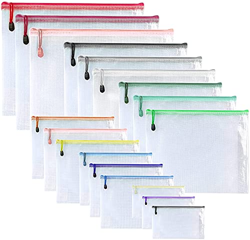 Oaimyy-18 Pcs,Plastic Mesh Zipper Pouch Document Folders Bag Zipper Zip File Folders for Office Supplies, Travel,Organizing Storage (6 Sizes, Multicolor) - color: Multicolor, size: 6 sizes